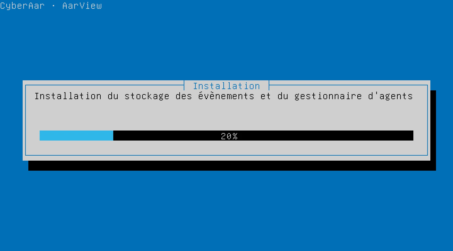 Écran d'installation avec sa barre de progression : installation du stockage des évènements et du gestionnaire d'agents