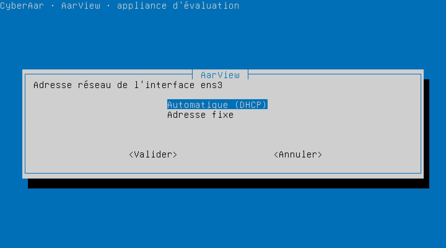 Écran Adresse réseau de l'interface : Automatique (DHCP) ou Adresse fixe